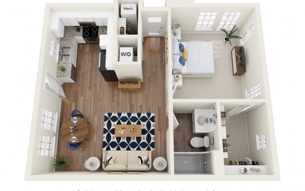 A1 - 1 bedroom floorplan layout with 1 bath and 709 square feet.